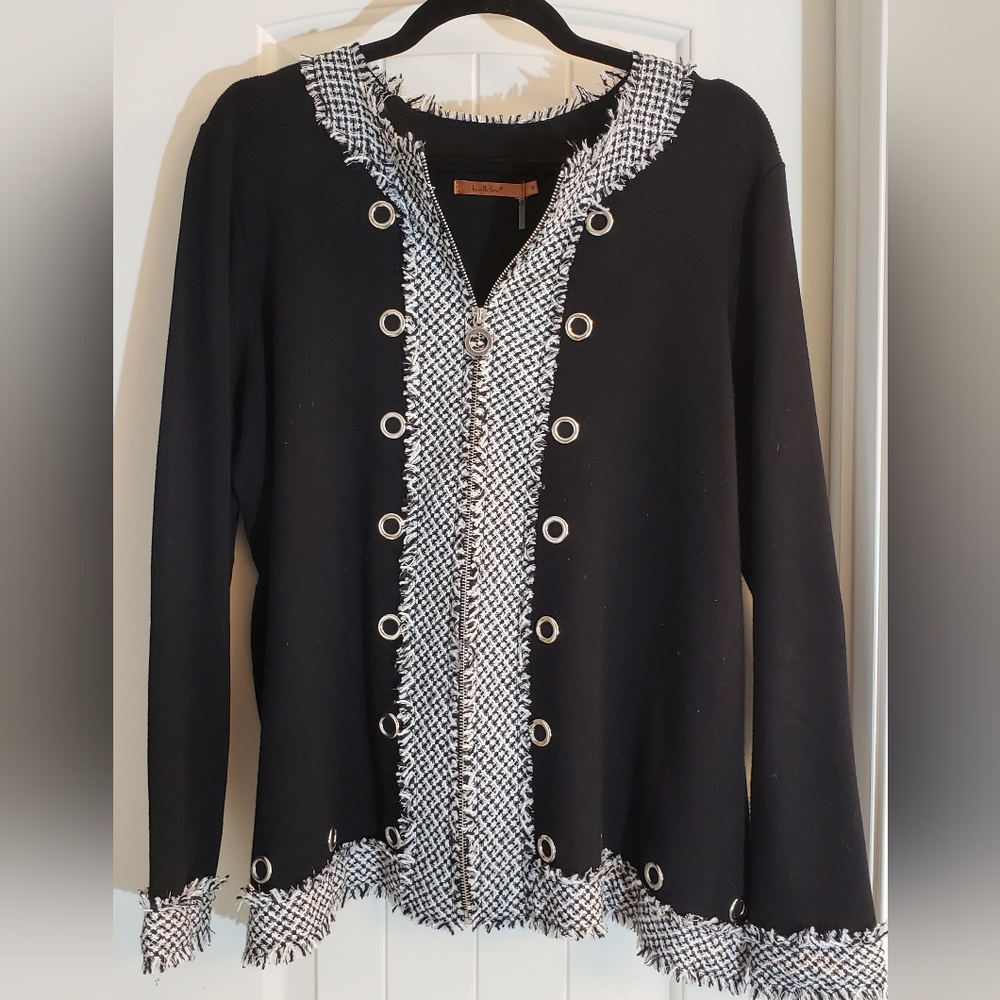 Belldini Zip Cardigan Grommets Tweed Trim 1X